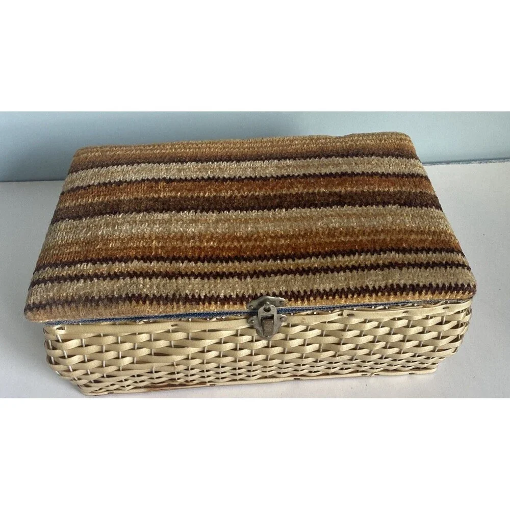Vintage Woven Wicker Sewing Basket Box W Carpet Tapestry Lid Wooden